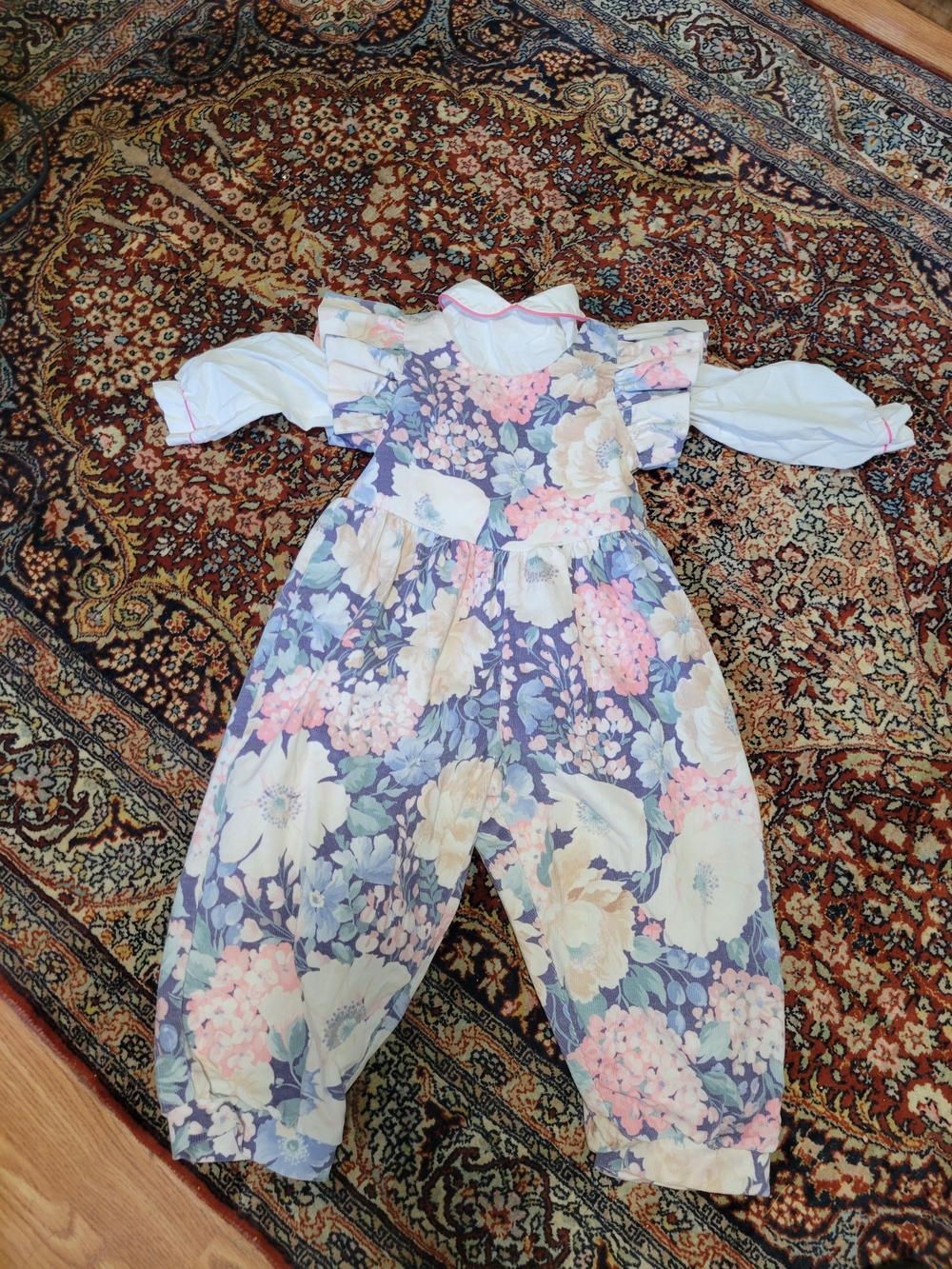Vintage 80's Floral Print Romper with Puff Sleeve Top - Pink & Purple